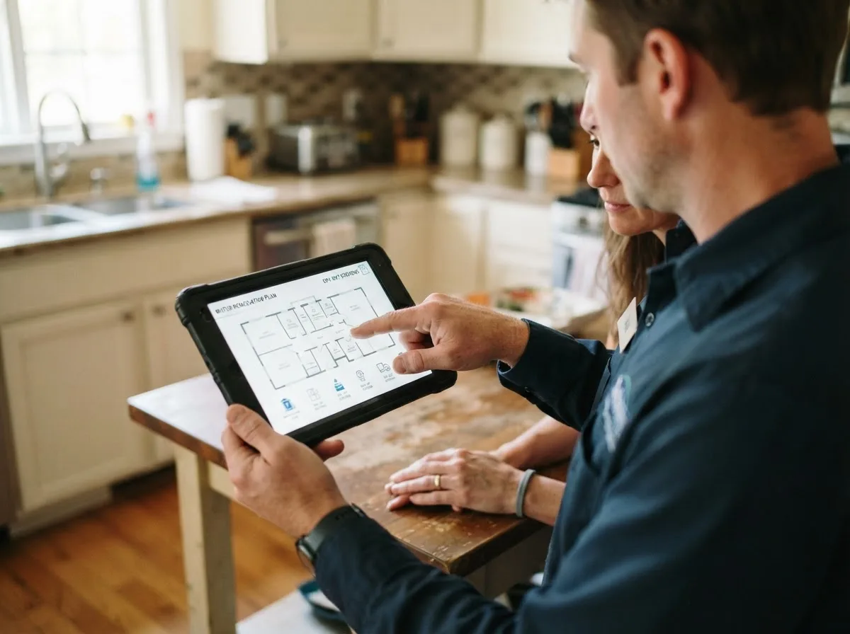 Water damage restoration technician inspecting a home in New Market, VA